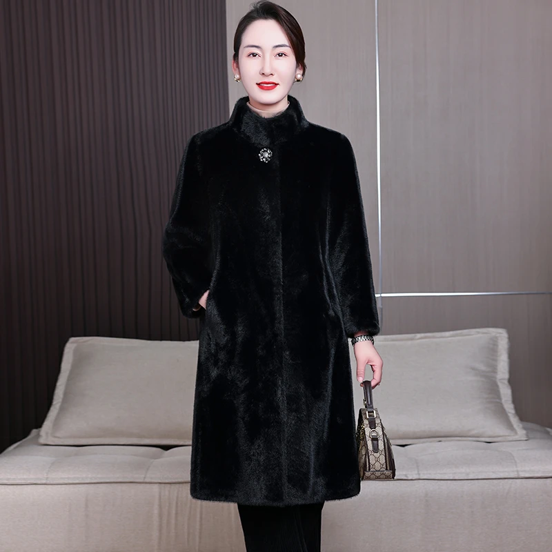 恩狐长款纯色一体大衣2024冬季新款加厚保暖中老年气质高贵款外套