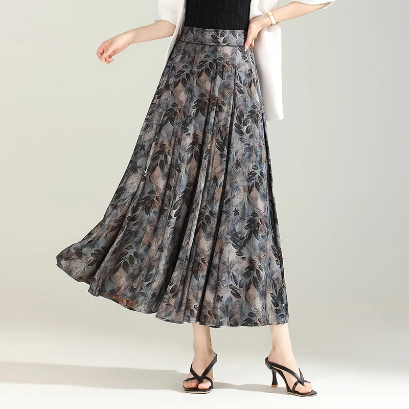 气质印花半身裙女裙子夏季薄款云锦丝高腰a字裙垂感显瘦大摆伞裙