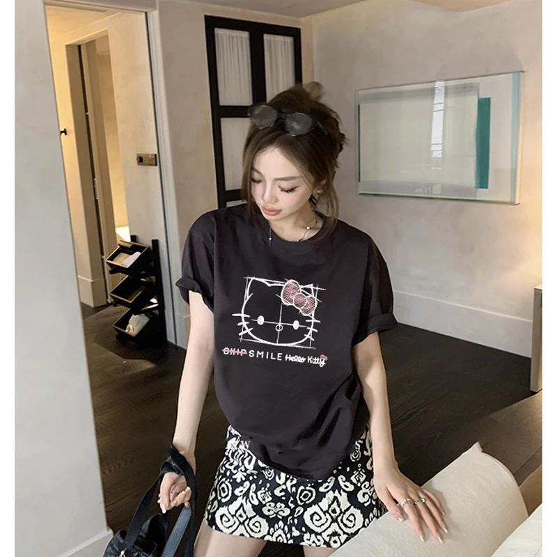 韩系ins夏季Kitty圆领显白正肩T恤休闲水洗纯棉短袖洋气女装上衣