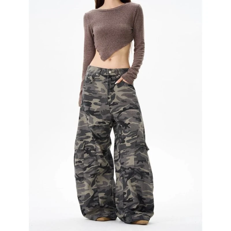 美式复古设计感迷彩牛仔裤男倒装弯刀裤街头高级感情侣帅气工装裤