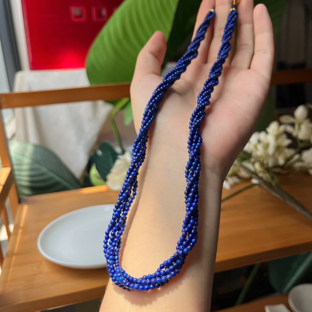 【郭老师】青金石圆珠麻花搭S925银配件项链 约50cm