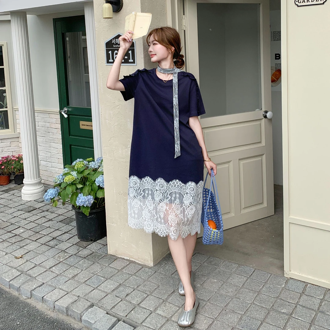 飘带蕾丝拼接短袖连衣裙女2025夏季新款气质宽松显瘦假两件t恤裙