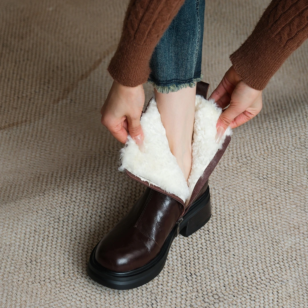 真皮加绒短靴女圆头粗跟侧拉链保暖厚底马丁靴