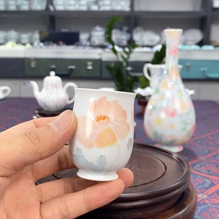 虞美人品茗杯手绘釉下高温