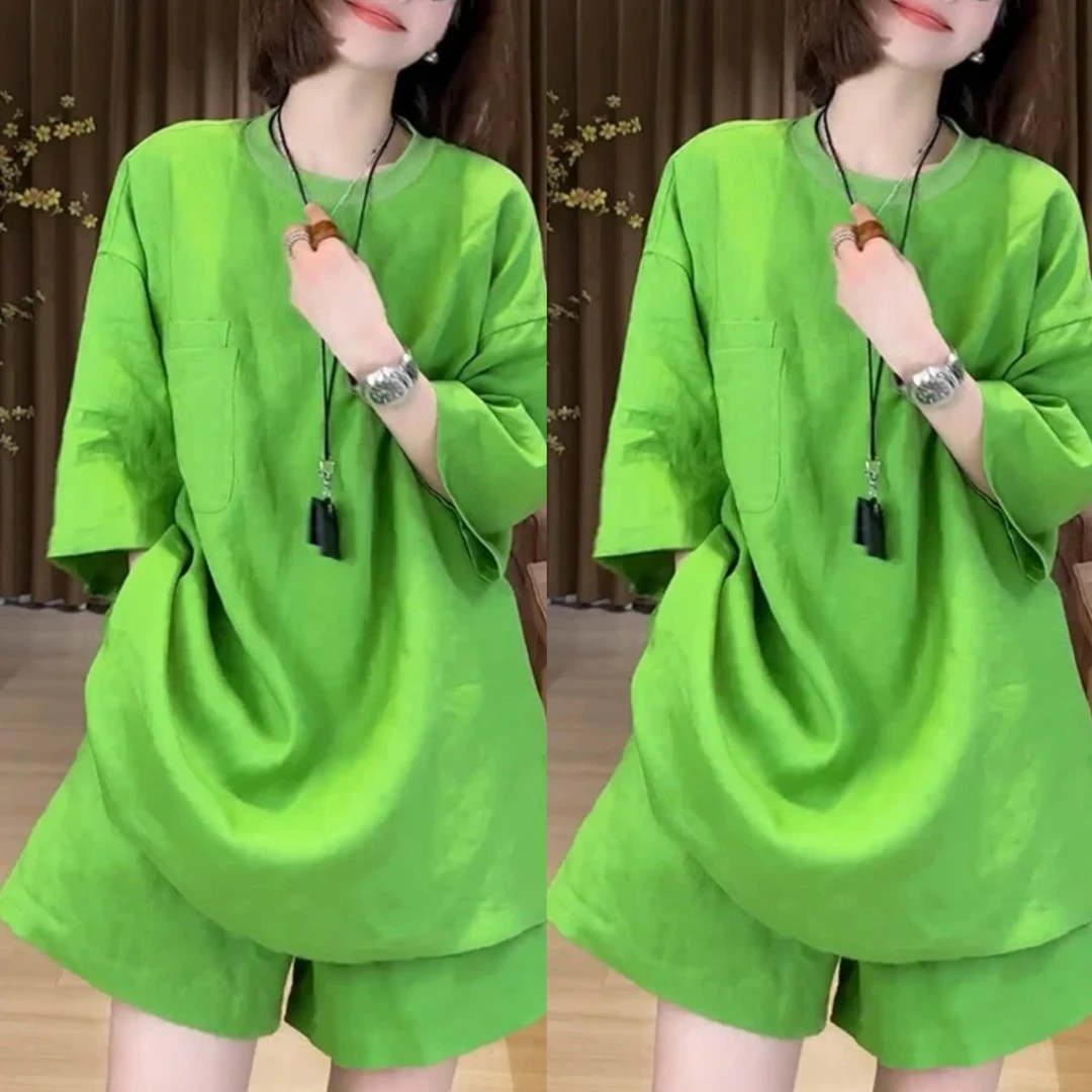 时尚两件套欧洲站2025夏季慵懒风百搭宽松中长款上衣高腰纯色短裤