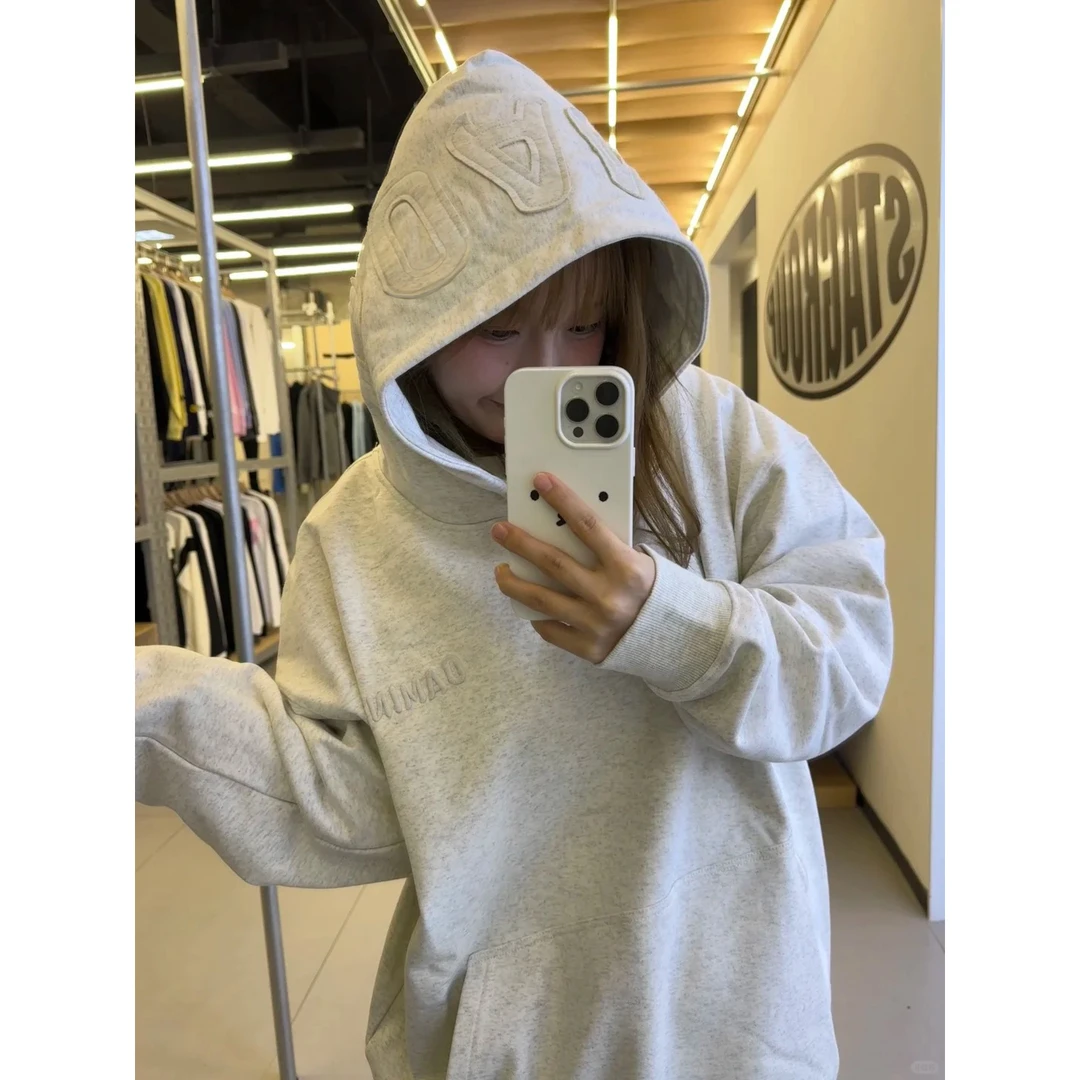 美式慵懒风加绒连帽卫衣女秋冬新款ins时尚贴布刺绣长袖上衣