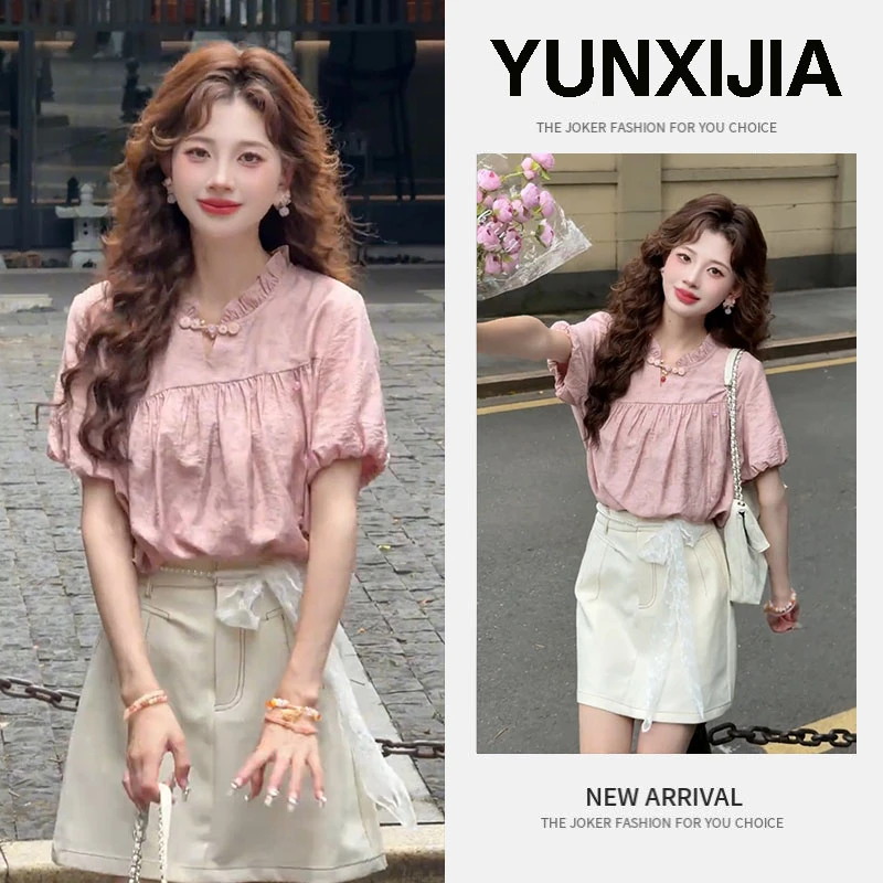 2025夏季新款时尚甜美减龄复古港式宽松短袖上衣短裙两件套