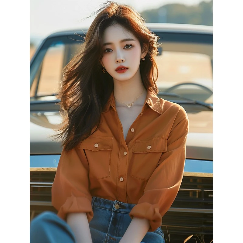 美拉德洋气高端别致上衣女春季新款时尚正肩宽松百搭长袖衬衫外套