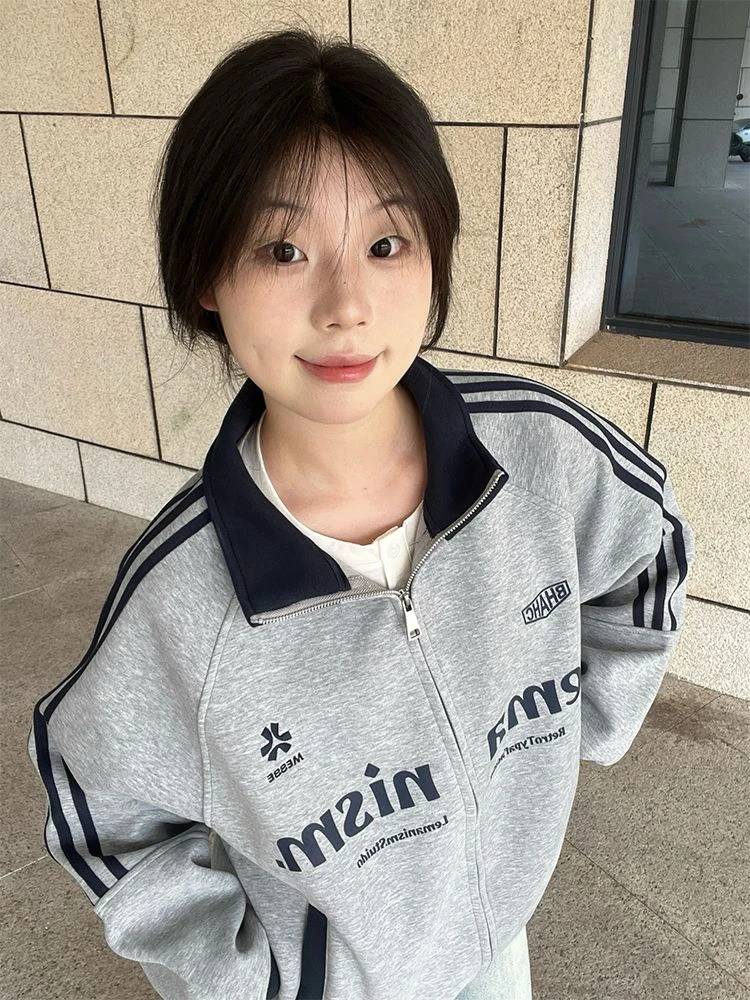 2025新款三条杠运动立领卫衣外套女春秋季情侣款百搭开衫夹克上衣