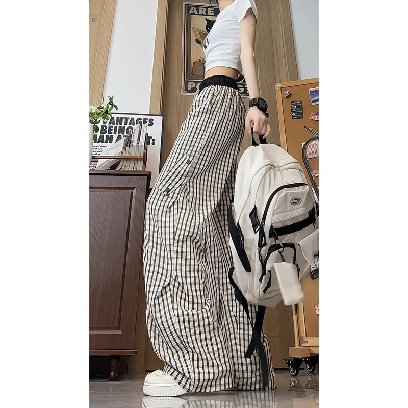夏季薄款透气凉感格子裤男女同款垂感宽松褶皱休闲裤冰丝裤长裤子