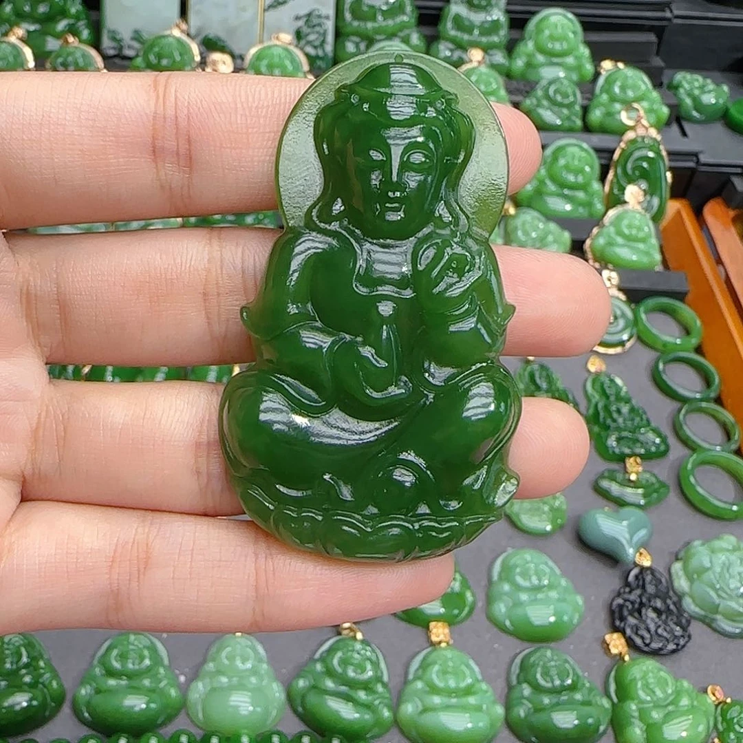 颈饰未镶嵌和田玉（碧玉）辣绿60特价款观音