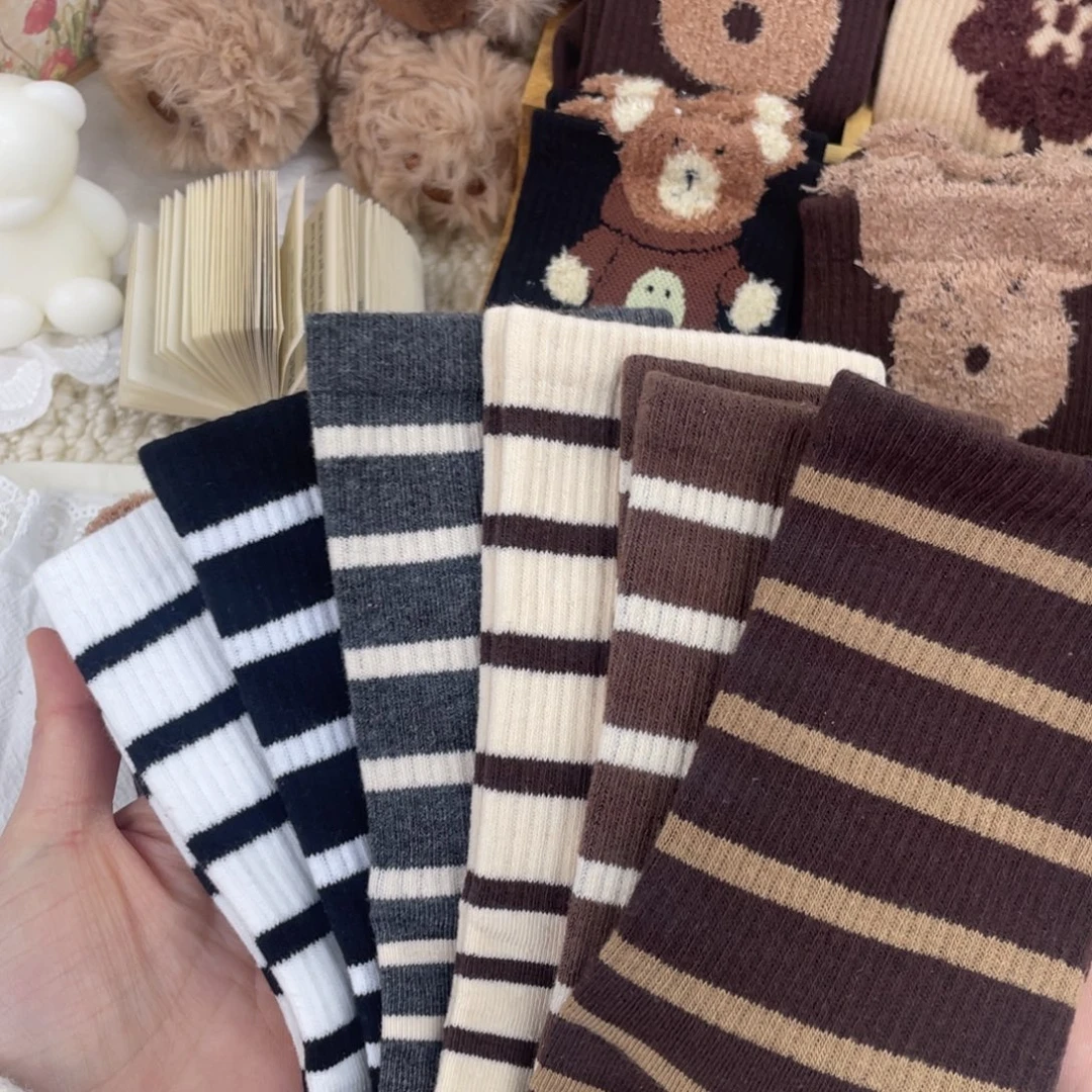 有机棉6双条纹女中筒