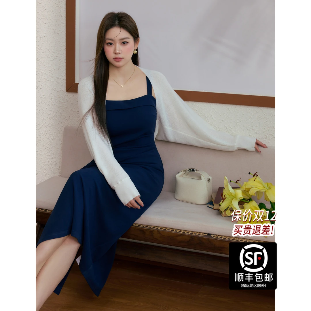 蓝语大码女装胖mm气质收腰显瘦吊带连衣裙遮肉开衫2025秋冬两件套