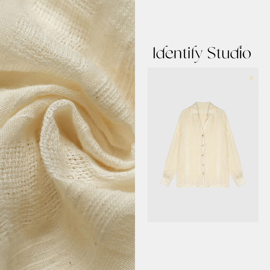 IDENTIFY“序时如诗”夏季新款重工流苏边设计竖细纹亚麻衬衫25SS