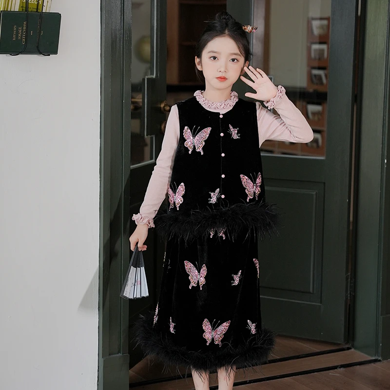 53925女童新中式套装汉服秋装马甲2025新款毛毛背心裙子国风童装