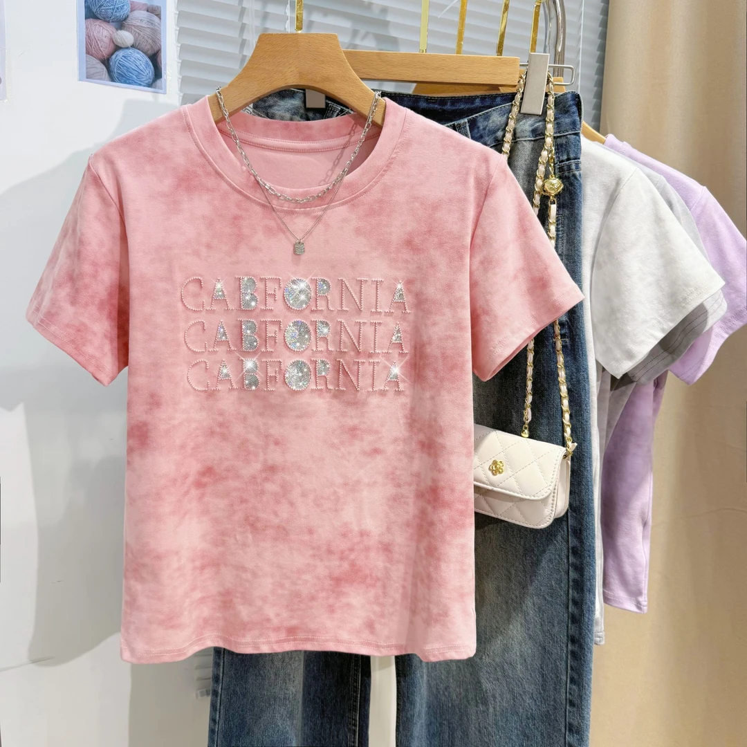 重工T恤女短袖欧美风设计感刺绣亮片扎染上衣宽松2025夏装流行潮