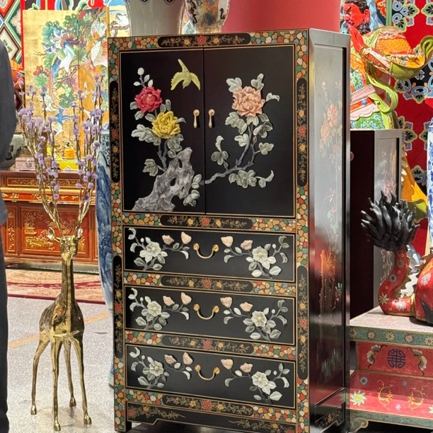 【本尼家】AK309新中式国风描金手绘漆画玉石镶嵌玄关柜81*41*150