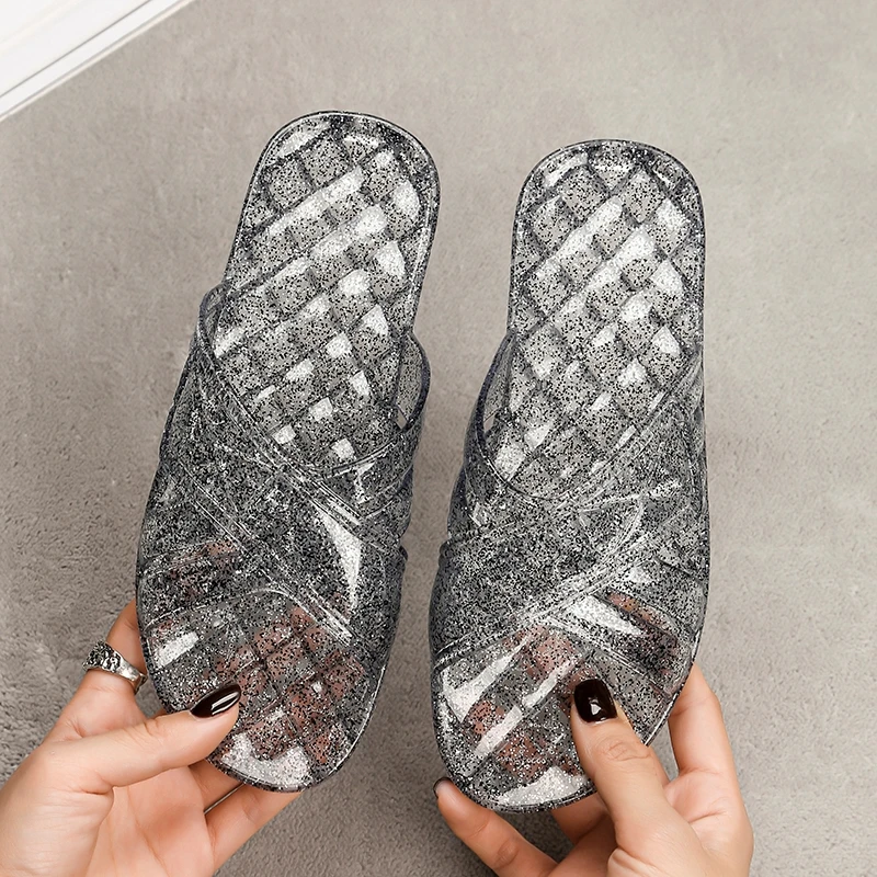 不吸水不臭脚透明水晶拖鞋女居家防滑一字拖平底鞋懒人外穿凉拖鞋