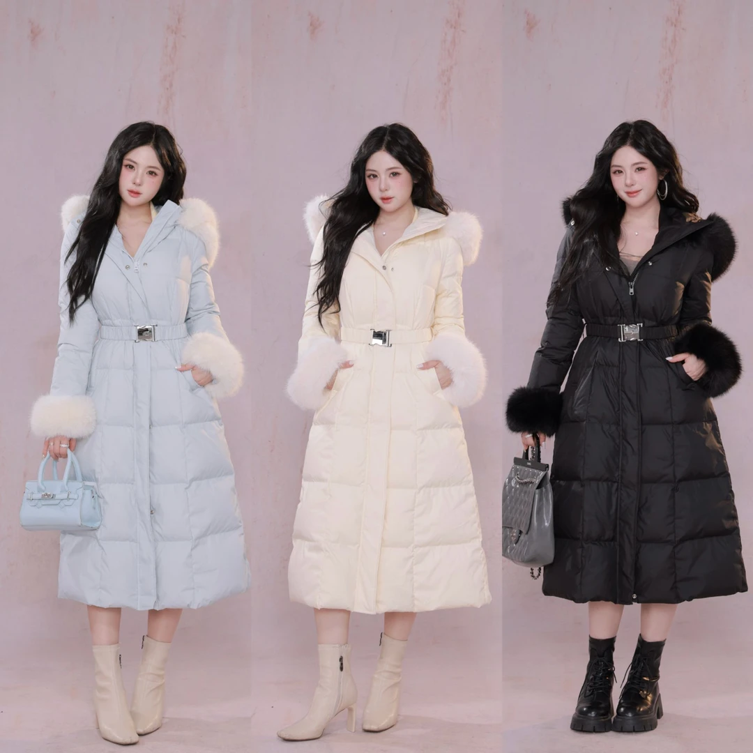 萌面侠现货【暖冬雪宝】新国标90白鸭绒连帽收腰长款过膝羽绒服6468