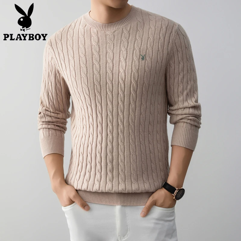 PLAY BOY花花公子男装经典款绞花编结棉感针织衫男士休闲打底衫