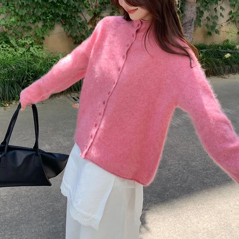 拉毛羊绒衫女2025秋冬套头毛衣百搭纯色慵懒风长袖半高领打底衫