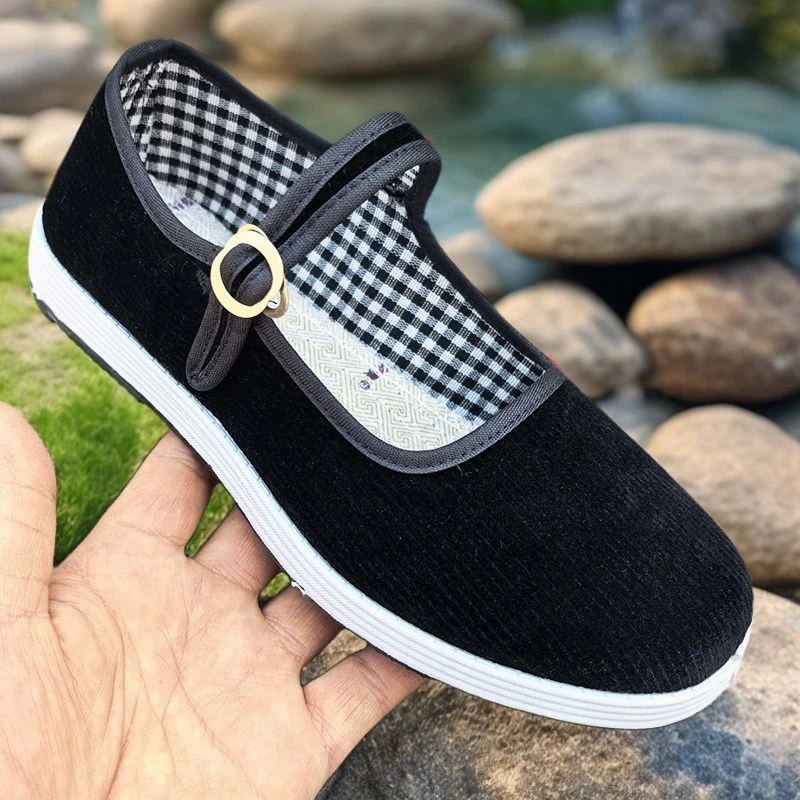 春上新一字扣女千层黑布鞋灯芯绒中老年布鞋耐磨老北京浅口妈妈鞋