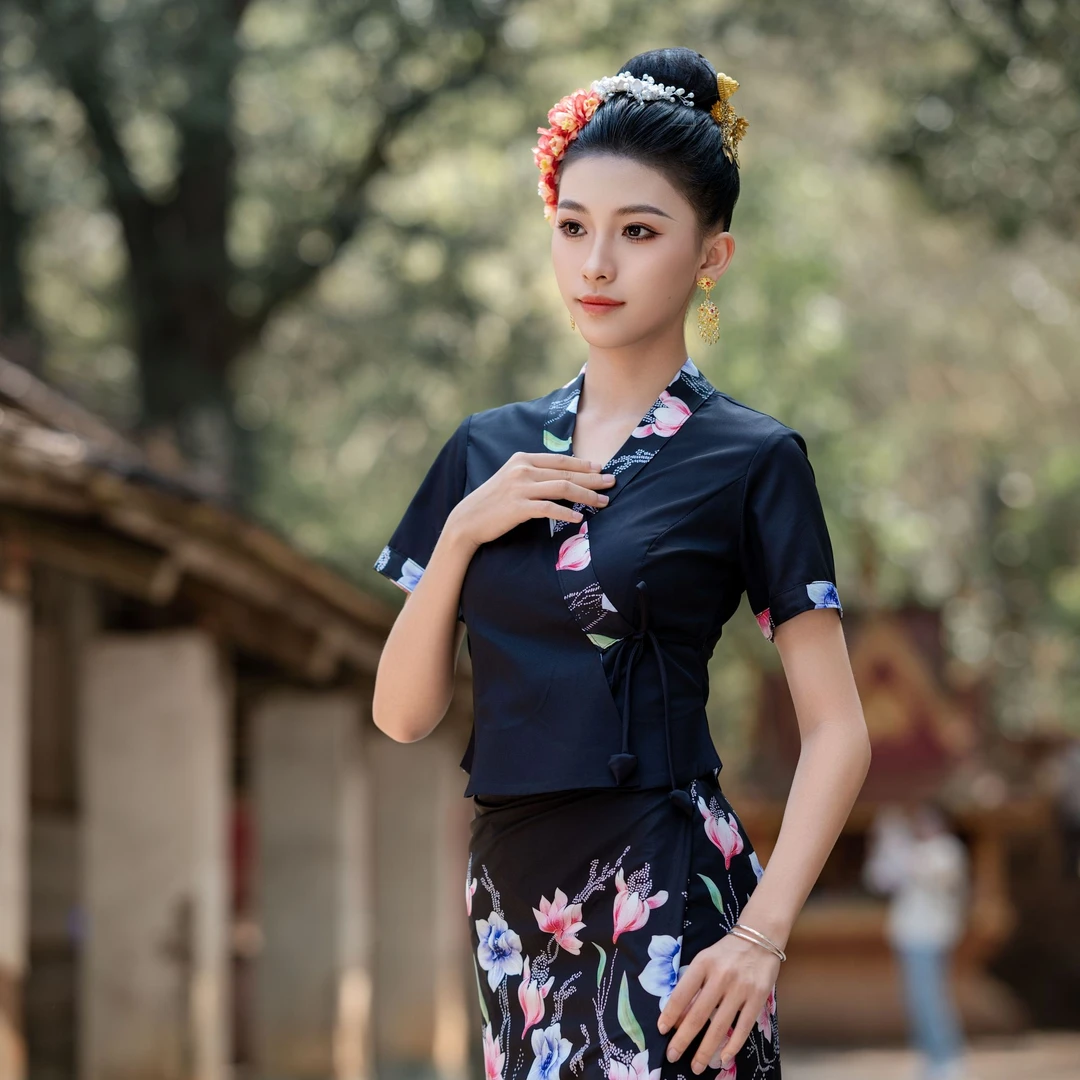 西双版纳傣族服装气质清凉春夏清凉花卉显瘦两色印花国风跳舞茶服