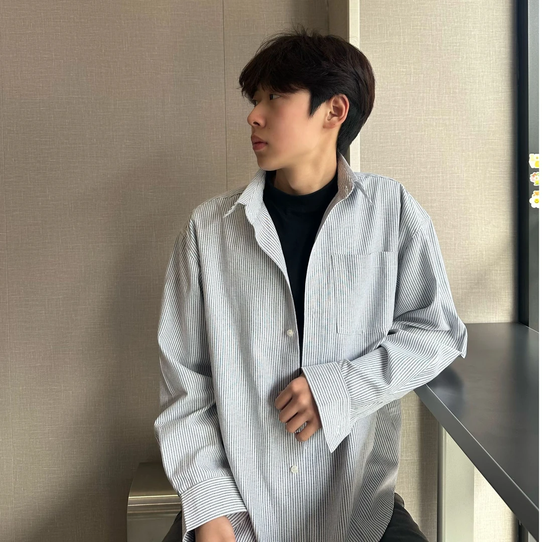 【纪简】条纹衬衫长袖国潮经典宽松休闲外套简约百搭时尚翻领男士