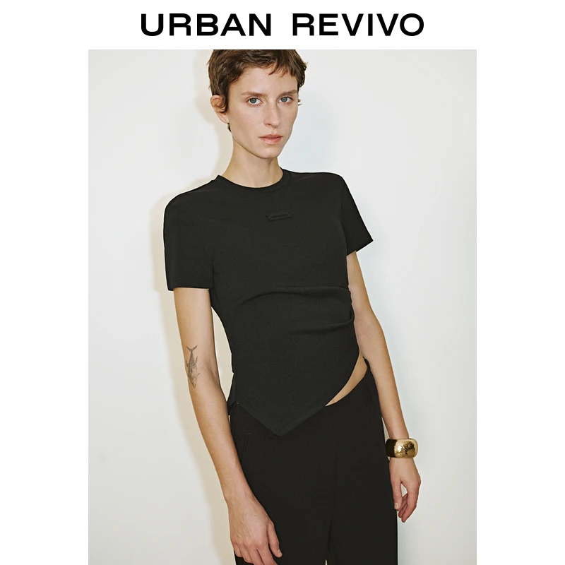 UR2025春季新品女装欧若风不规则褶皱皮牌装饰修身T恤UWM450036