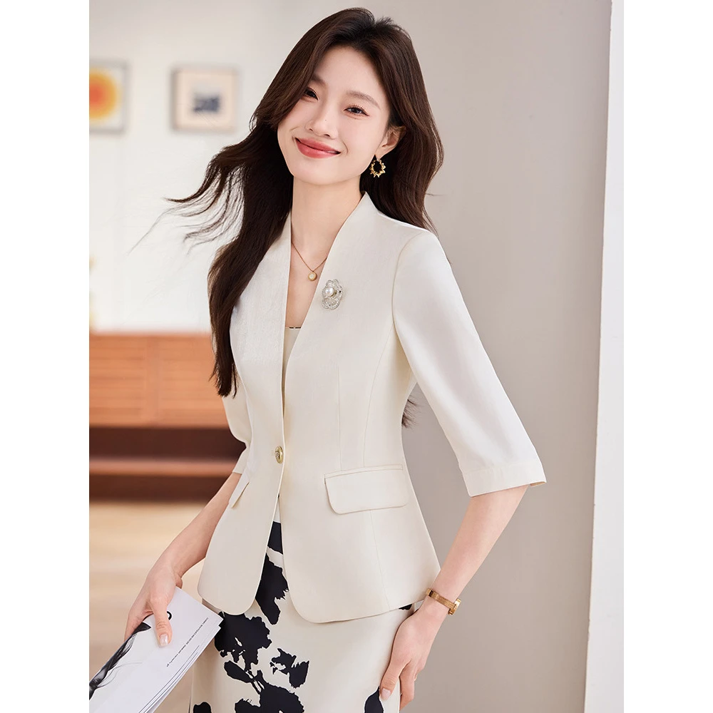 香槟小西装外套女春夏2025新款高级感中袖无领西服配连衣裙职业装