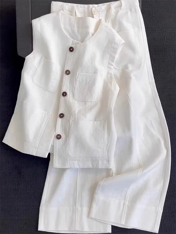 老钱风白色亚麻套装女夏季高级感时尚休闲马甲阔腿裤两件套小个子