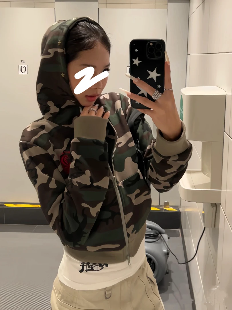 花生酱 2025美式复古慵懒撞色迷彩开衫连帽卫衣宽松显瘦短款外套