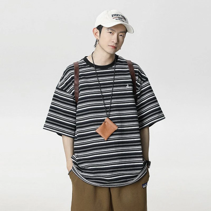 复古撞色条纹短袖T恤男女夏季新款质感刺绣潮牌休闲半袖情侣体恤