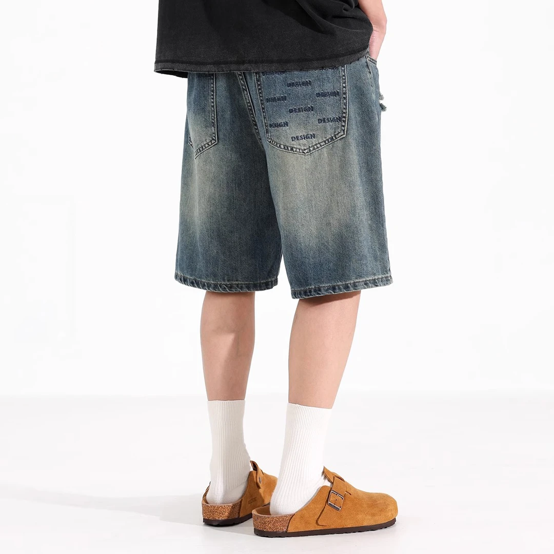 爆款破洞做旧直筒牛仔短裤男款夏季新款美式潮流宽松阔腿五分裤