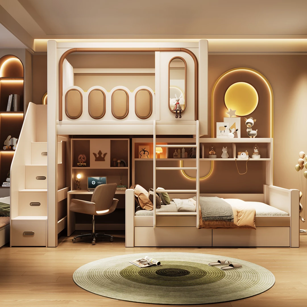 上下铺双层床儿童全实木错位型上下床交错式小户型高低姐弟错位床