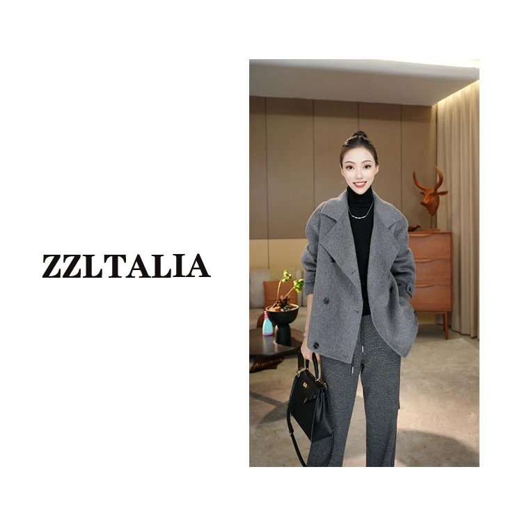 【刘雯款】设计师大衣气质休闲百搭轻奢短款系带毛呢外套q170004p