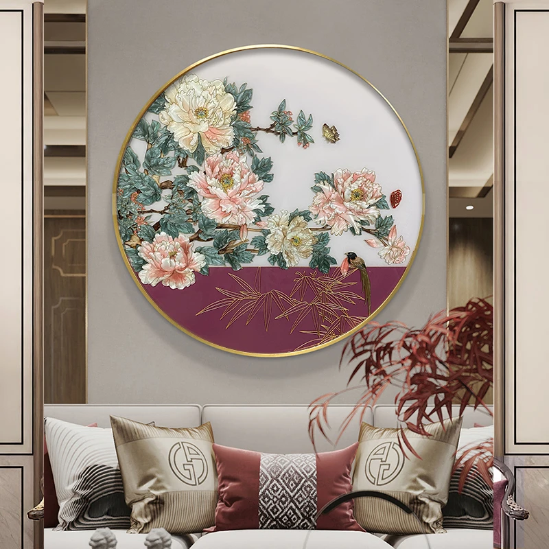 纯手绘珐琅彩牡丹装饰画新中式圆形挂画现代玄关餐厅卧室背景墙画
