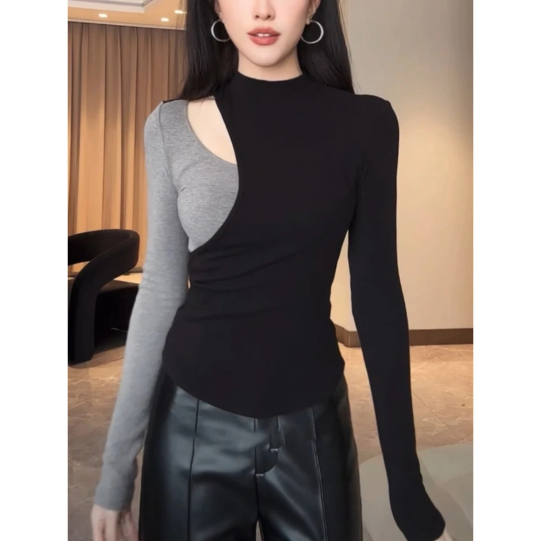 现货撞色拼接镂空长袖t恤女2025春季修身显瘦内搭设计感上衣