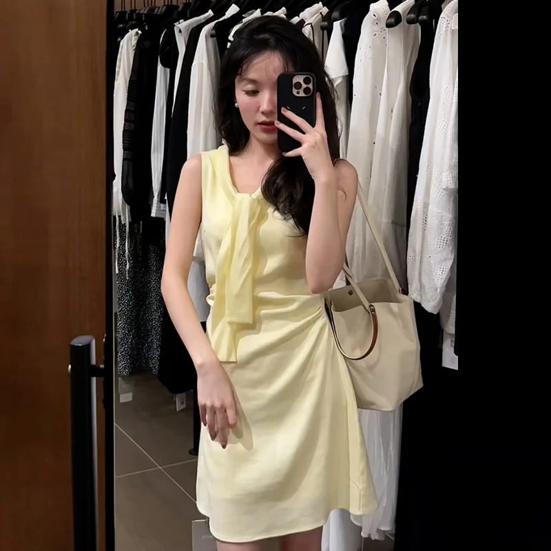 3283夏日多巴胺巨好看黄色无袖连衣裙子女2025新款绝美度假风短裙