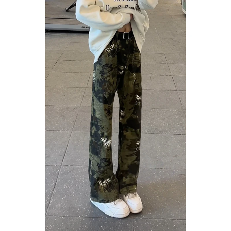 美式迷彩蛇纹牛仔裤男款春夏季设计感痞帅裤子高街vibe直筒微喇裤