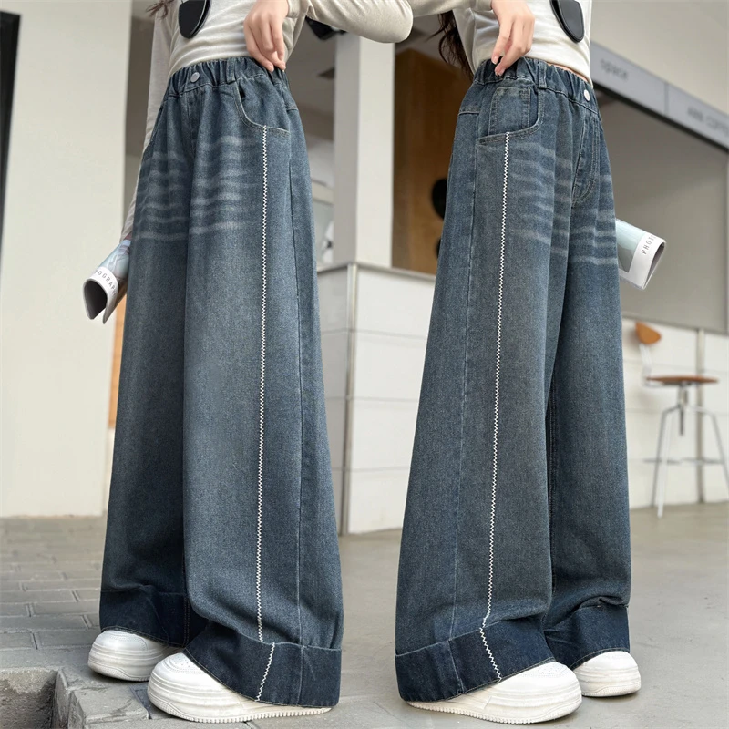 女童秋季新款时尚绣花直筒牛仔裤2025女大童韩版休闲长裤女孩洋气