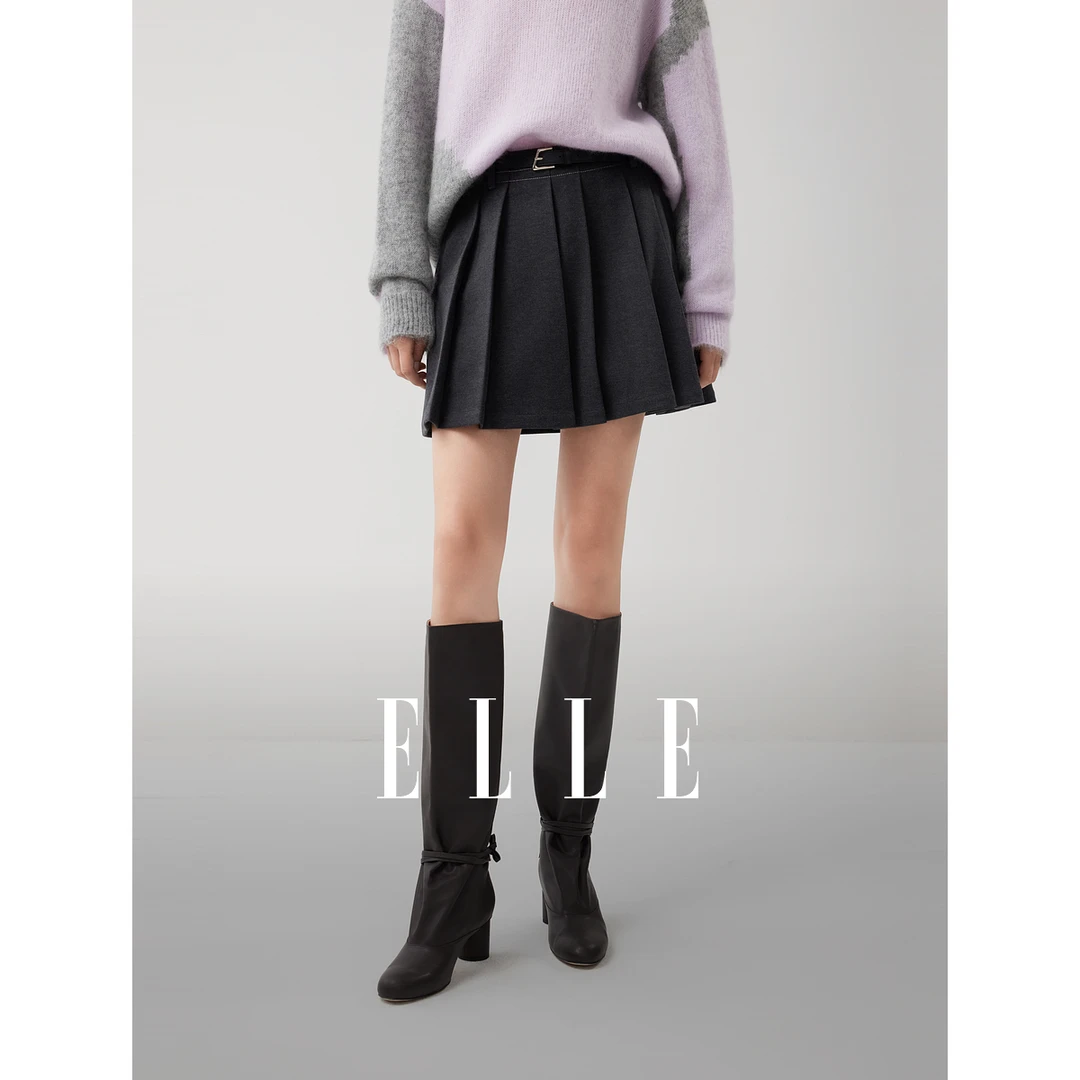 ELLE女装学院风高腰百褶半身裙2025冬新款小个子腰带短裙ER52646
