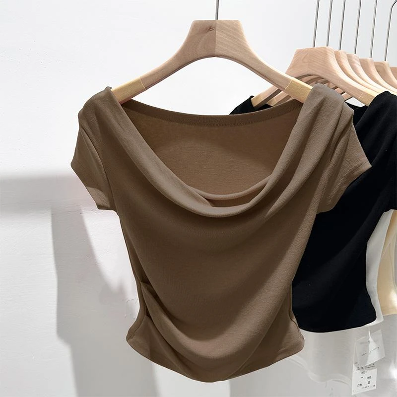 设计感韩版一字肩荡领上衣2025夏装新款露锁骨别致绝美短袖T恤女