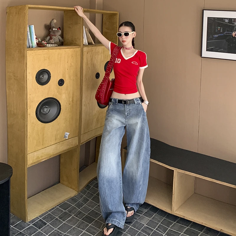 VWU 2025春夏新款水洗跳舞浅蓝高腰阔腿裤显高显瘦弯刀牛仔裤薄款