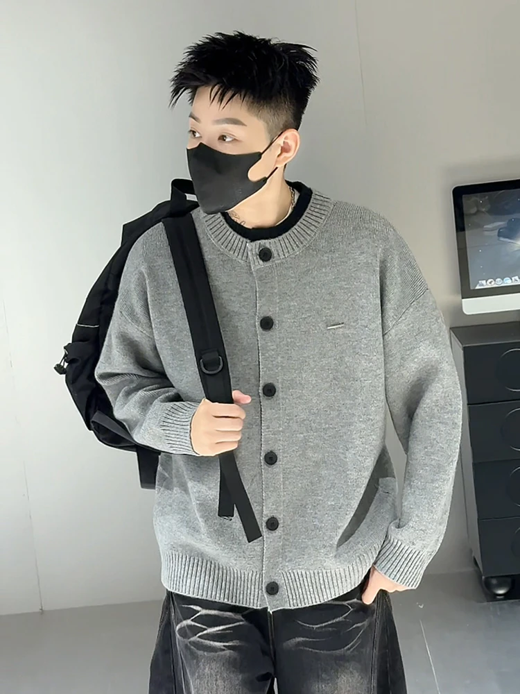 新款绣标假两件开衫毛衣外套秋冬重磅男装简约休闲针织衫99028