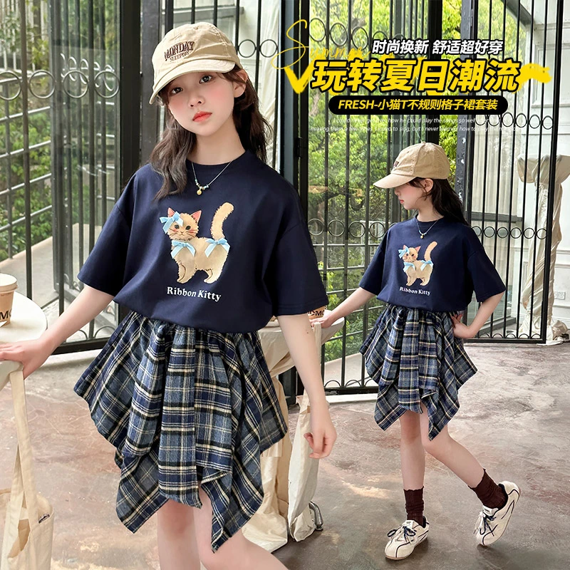 女童夏装棉质短袖T恤不规则裤裙套装中大童洋气小猫格子百褶裙子