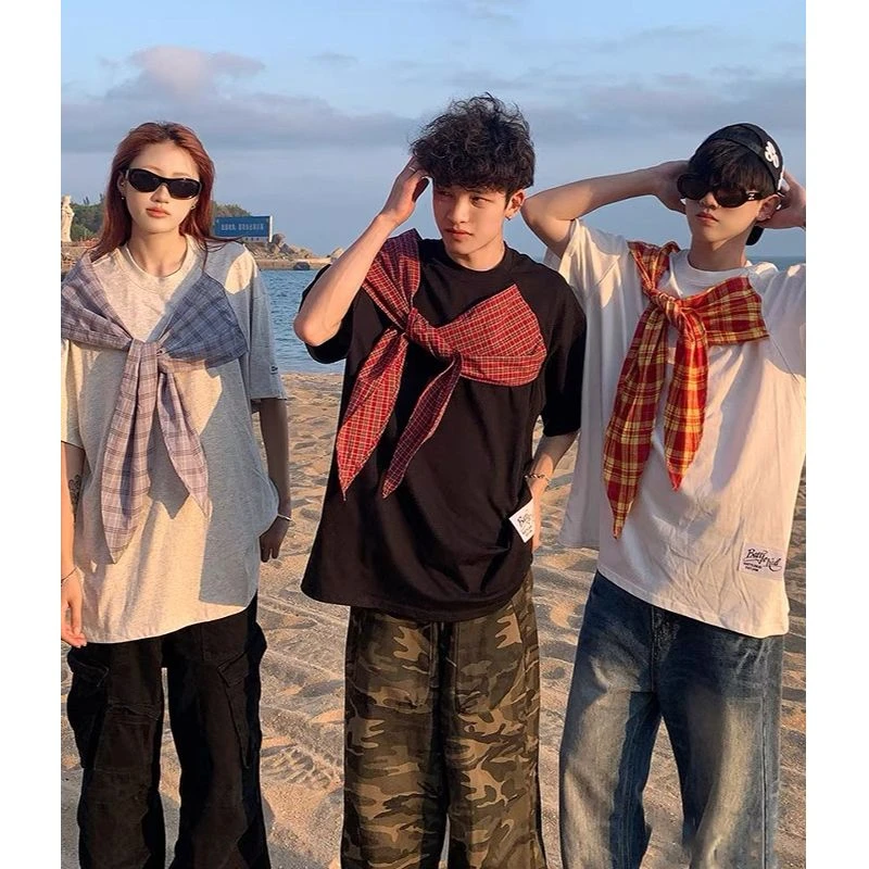 美式设计感立体格子蝴蝶结短袖男夏季休闲潮牌百搭宽松纯棉上衣女