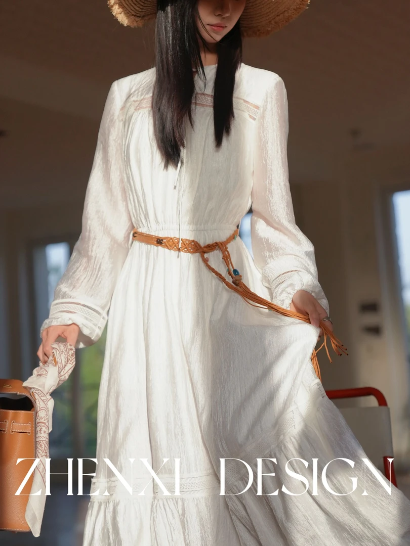 针西【醋酸刺绣连衣裙】高个子高定长袖夏季醋酸长款连衣裙#S70303