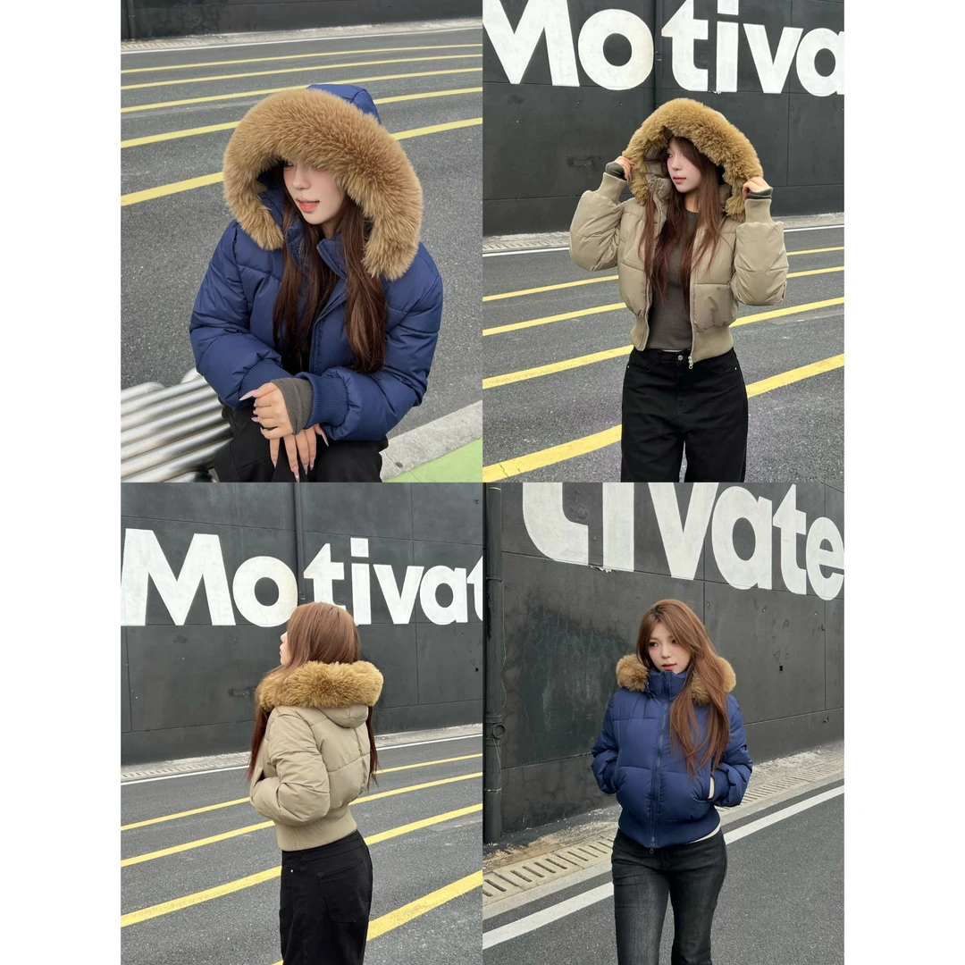 卤蛋公主 【肯豆棉服】短款面包服冬季新款毛领连帽外套收腰棉衣女
