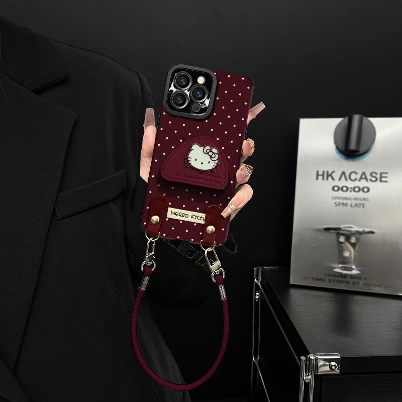 适用【苹果/oppo/华为/vivo/小米】酒红波点可爱猫咪防摔手机壳女款